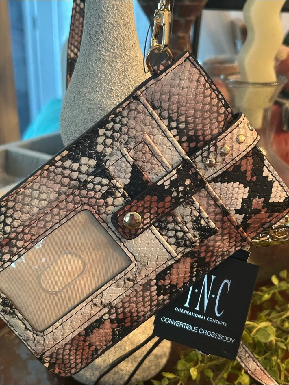 Women’s Snake-Print Crossbody Wristlet in Pink and Black